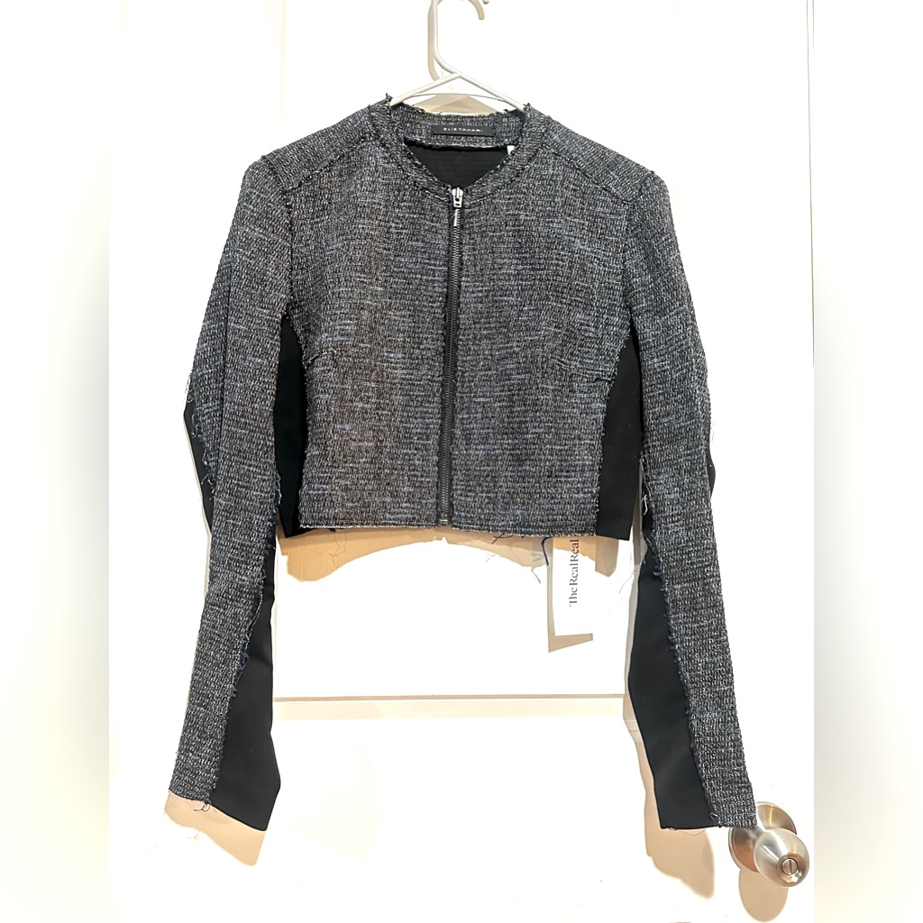 Elie Tahari Sandie Blue Black Tweed Cropped Blazer Jacket